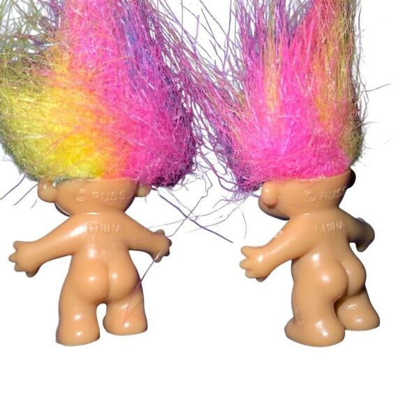 Russ Good Luck Troll Dangle Earrings Rainbow Hair Vintage - Picture 5 of 5